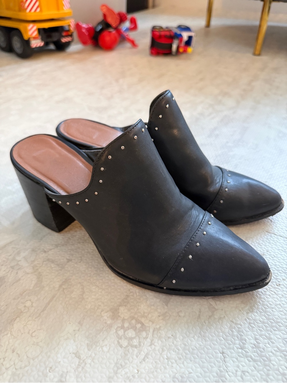 Black Studded Leather Mule Heeled Shoes